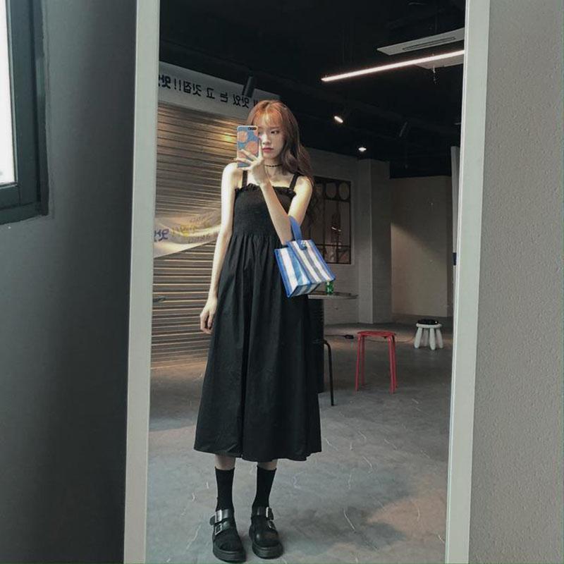 Black Mid-length Dress Female Summer Korean Style Design Temperament Waist Slimming Student Sling Dress
