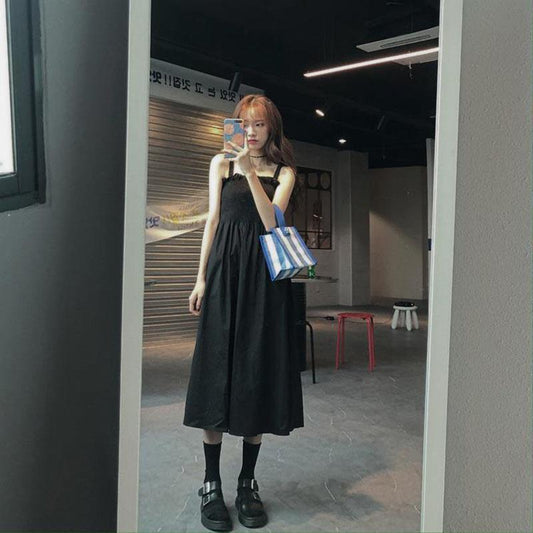 Black Mid-length Dress Female Summer Korean Style Design Temperament Waist Slimming Student Sling Dress