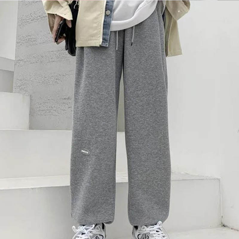 Cotton and Velvet Sweatpants for Female Students Korean Version of Loose Winter High-waisted Straight and Thin Thick Wide-leg Long Pants