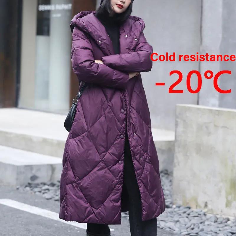 Long Down Jacket Winter Women's Art and Leisure Loose Hooded Jacket Large Size Thickened Warmth and Long Over-the-knee Jacket