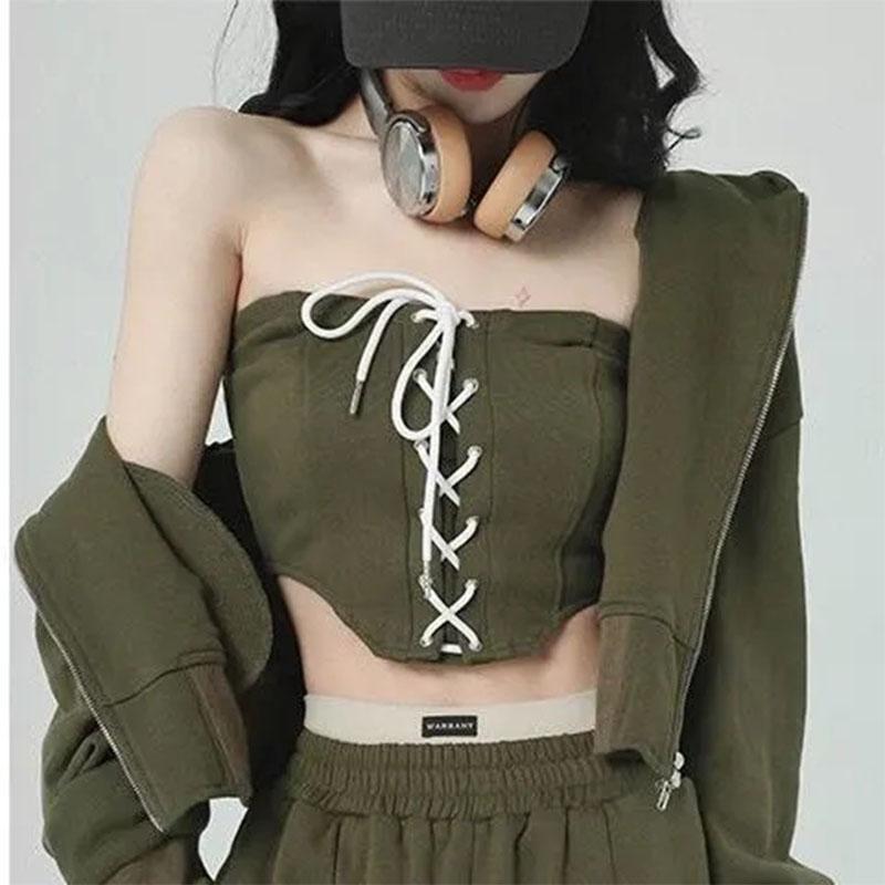3PCS Women's Sports Street Adjustable Tube Top + Short Jacket + Loose Pants Three-piece Suit Ladies Long Sleeve Hooded Cardigan Jacket Suit