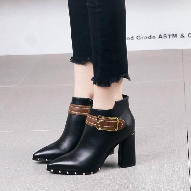 Fashion Ankle Boots Women Square High Heels Slip On Pointed Toe Flock Leather Ladies Warm Shoes