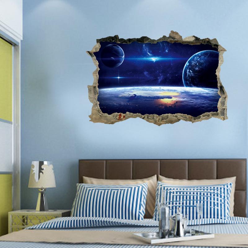 [sticker ]Cartoon Universe Space Wall Sticker Broke 3d Removable Wall Decals For Kids Room Children