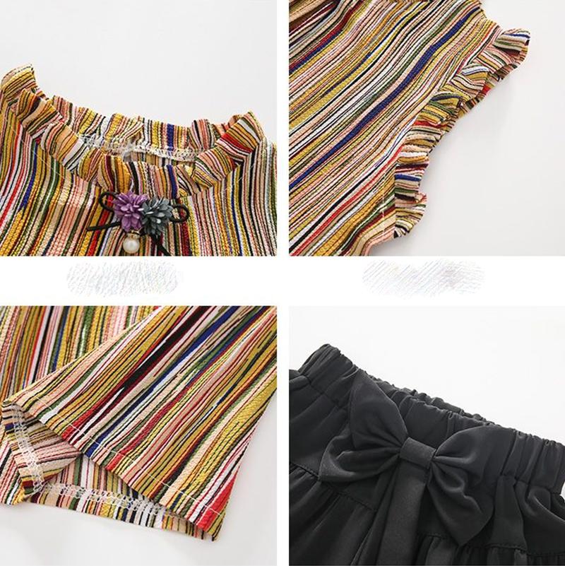 2PCS Children Clothing Set Spring Summer Girls Suits Printing Sleeveless Stripe Tops + Pants Clothing Set