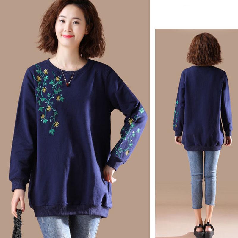 Women Ladies Long Sleeve Loose Blouse Summer Round Neck Casual T-Shirts Tops Clothing embroidery Casual Soft Pullover