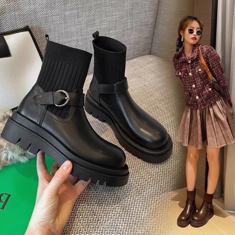 Winter Women's Short Boots Thick-heeled Thick-soled Martin Boots Fashion Knit Stitching Stretch Boots