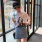 Pofulove Women Summer High Waist Irregular Denim Hip Skirt Student Anti-light Thin Mini A-line Skirt