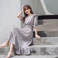 Women's Summer Dress with Waist and Thin French Retro Style Elegant and Sweet Chiffon Floral Mid-length Skirt Fabric Light and Breathable