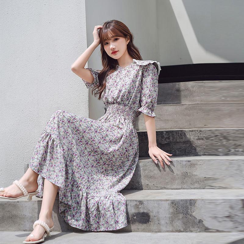 Women's Summer Dress with Waist and Thin French Retro Style Elegant and Sweet Chiffon Floral Mid-length Skirt Fabric Light and Breathable
