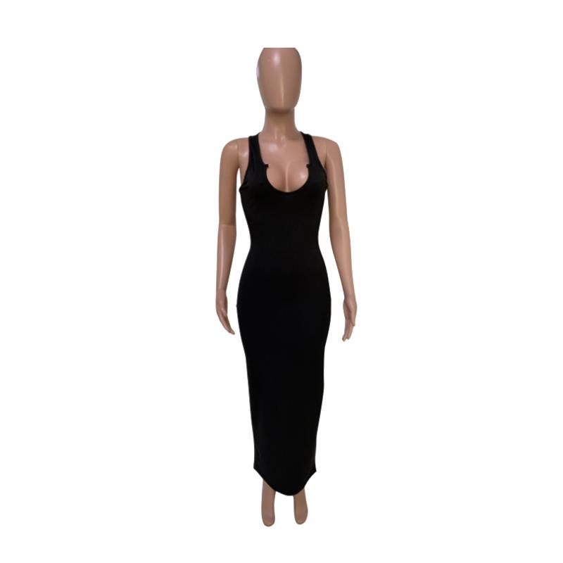 Spring and Summer Sling Dress Slim Sexy Long Dress Low-cut Solid Color Standard Size High Elasticity