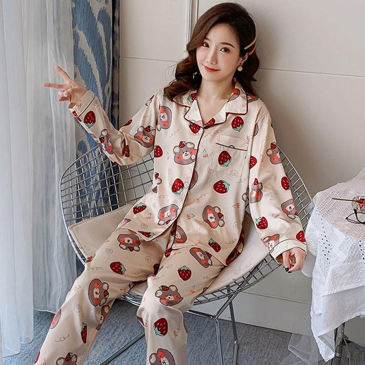 Pajamas Women's Spring and Autumn Ice Silk Long-sleeved Casual and Comfortable Ladies Thin Artificial Silk Pajamas Home Service Suit