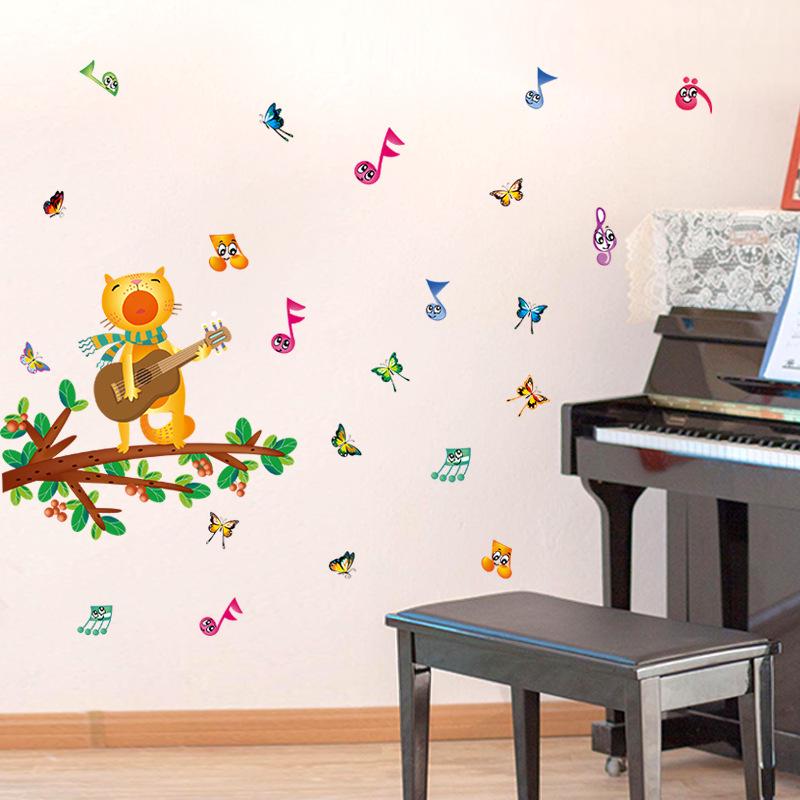 Cartoon wall stickers cat playing guitar kindergarten bedroom wall decoration painting stickers