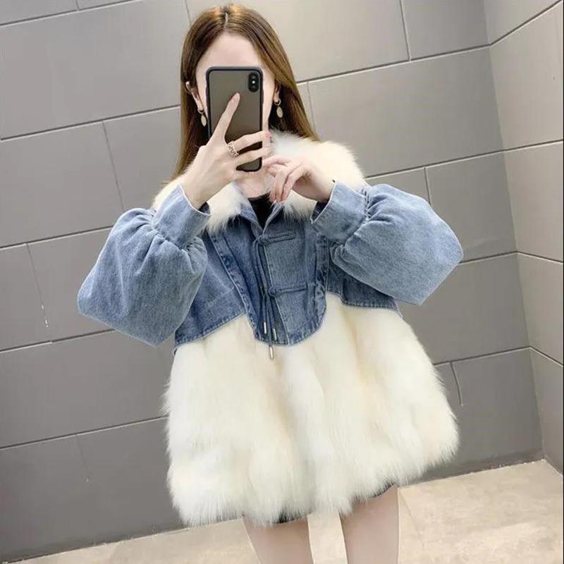 Denim Parker Women's Short Fur Faux Fox Fur Coat Coat Winter Women's Warm Loose Denim Jacket Winter Cotton Coat Comfortable