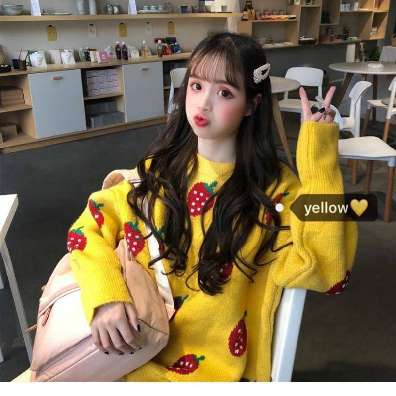 Pofulove Autumn and Winter Women  University Style Sweater Loose Sweet Strawberry Pullover Sweater