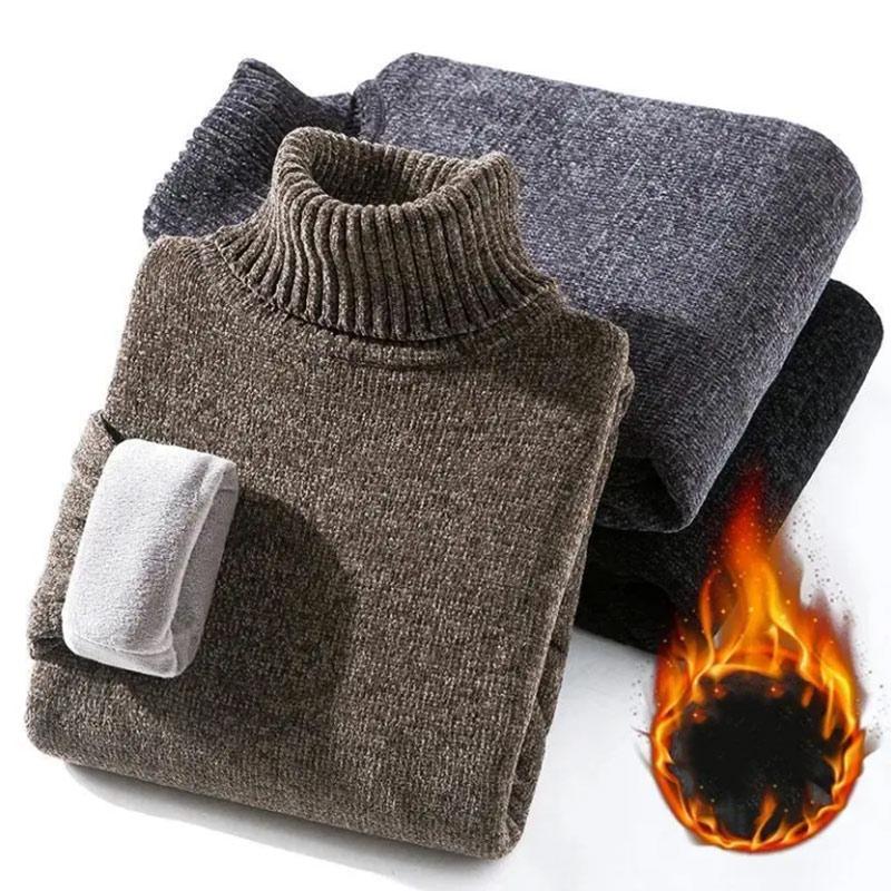 Winter Men's Fleece Sweater Bottoming Shirt Thickened Knitted Sweater Turtleneck Warm Sweater