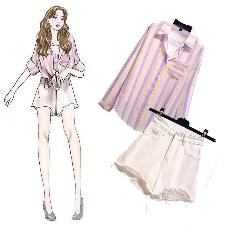 Pofulove Women Fake Two-piece Striped Shirt Hole Denim Shorts Two-piece High-waist Shorts Set Summer