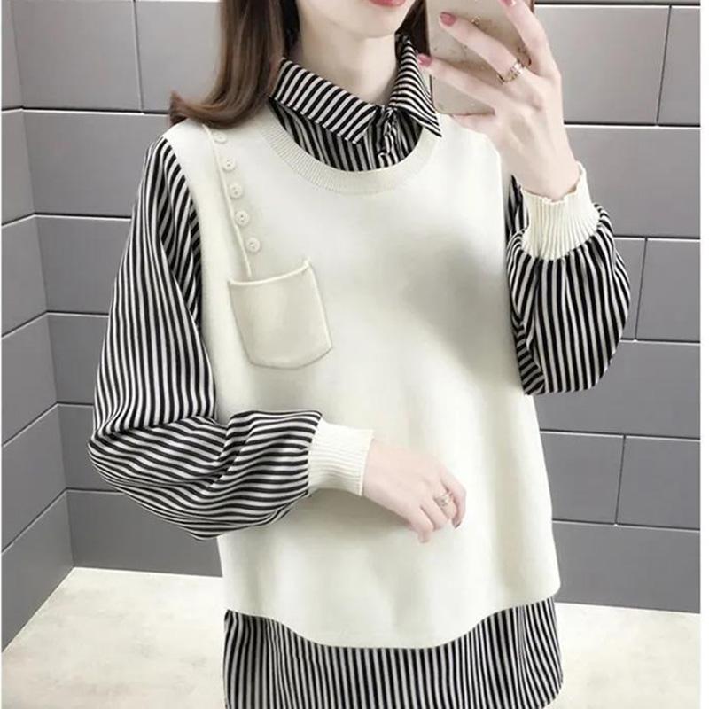 Autumn and Winter Shirt Collar Fake Two-piece Sweater Women All-match Bottoming Knitwear Top