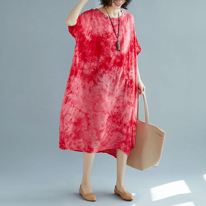 WTEMPO  Short Batwing Sleeve Cotton and Linen Round Neck Long Dress Casual Mid-calf Length Plus Size Ladies Dress Summer