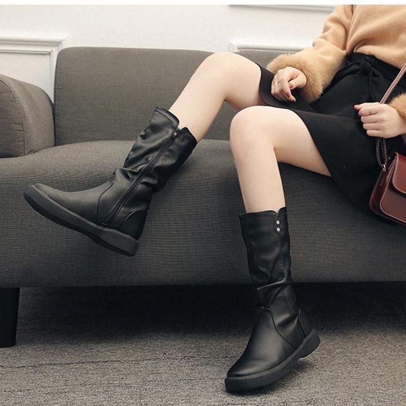 Women's PU Martin Boots Autumn Winter Flat Boots Plus Velvet Knight's Style Boots  Zipper Leather Shoes