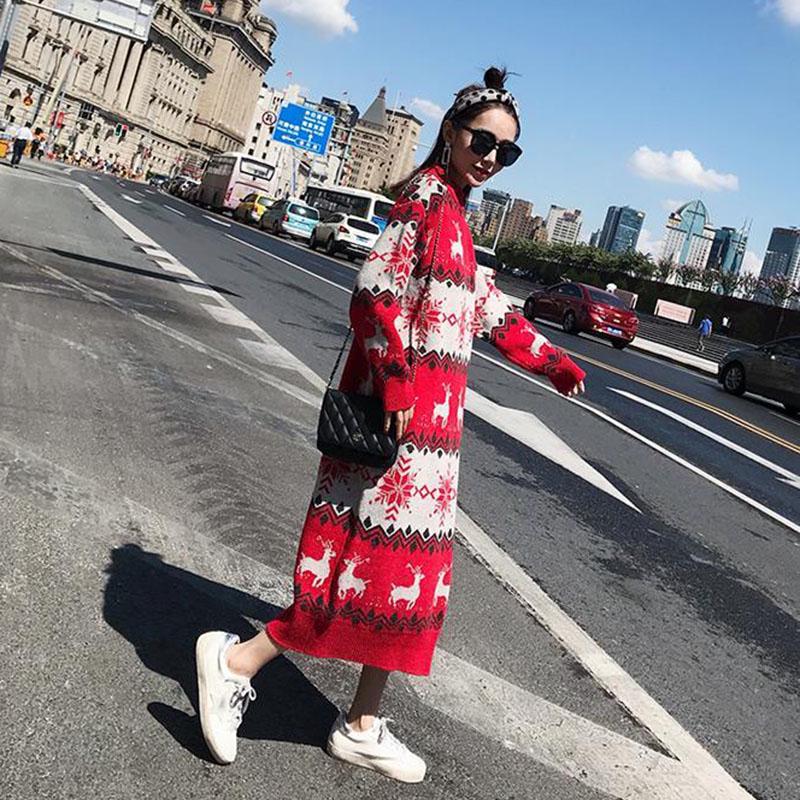 Super Long Pullover Sweater Women Autumn and Winter Fawn Print Red Christmas Sweater Loose Base Knitted Sweater Dress