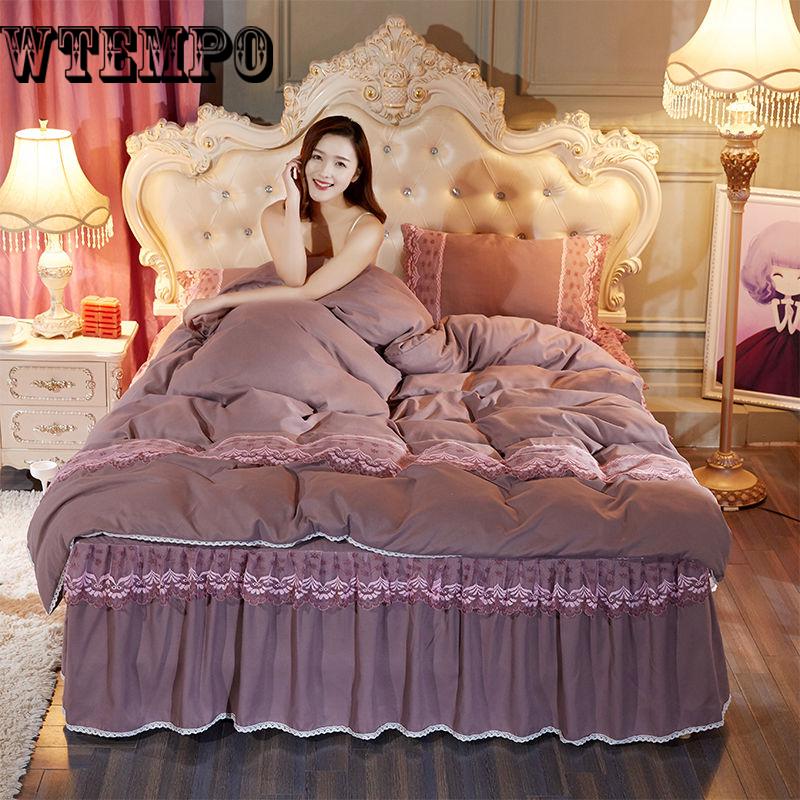 Solid Color Washed Bed Skirt Set 200x230CM Size Bedding Bedsheet Bedspread Pillowcase