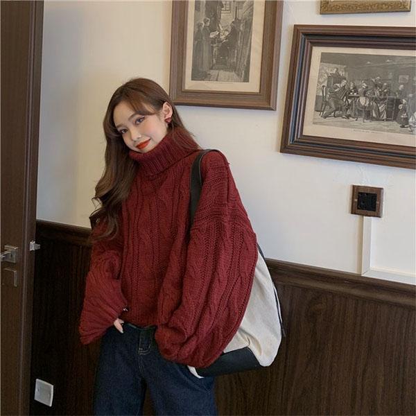 Lazy Style Loose Turtleneck Sweater Female Students Solid Color All-match Hedging Twist Knit