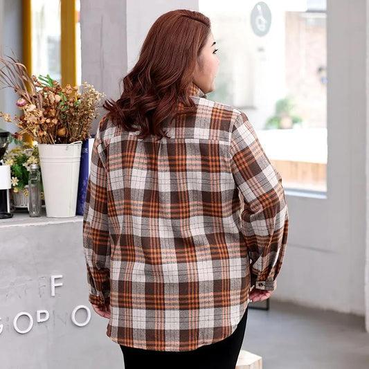 Large Size 150kg Wearable Pink Plaid Shirt Women Loose Brushed Shirt Casual Lapel Long Sleeve blouses