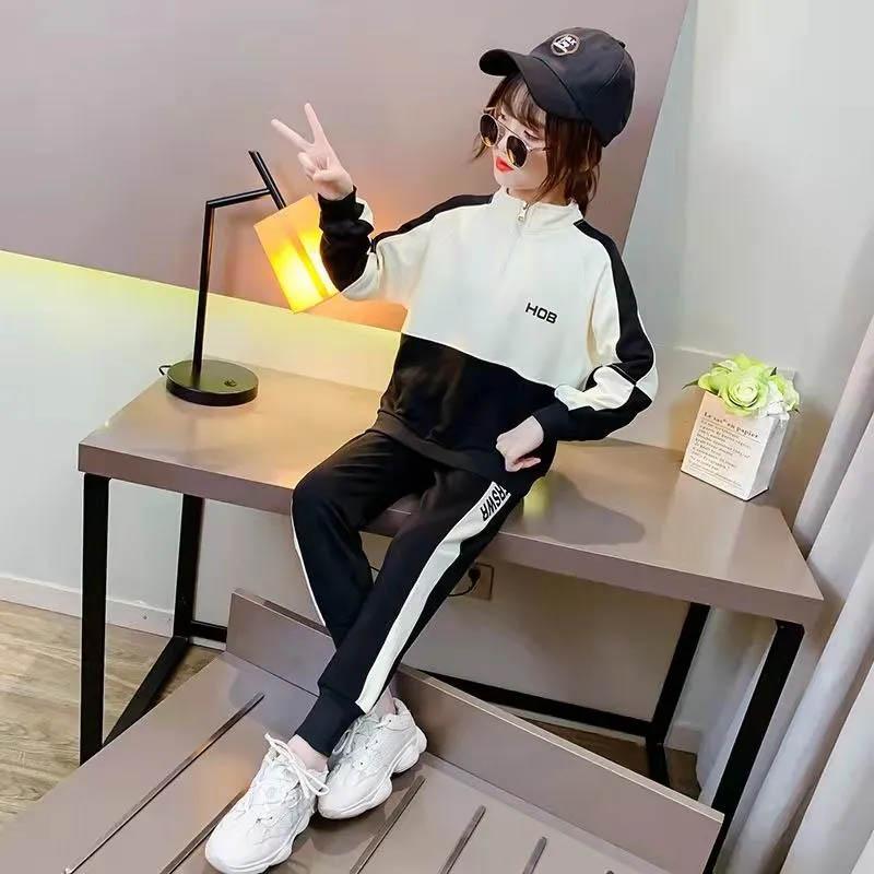 Girls Spring and Autumn Clothing, Children's Breathable Sportswear, Girls' Casual Splicing Contrast Color Printing Pullover Two-piece Set