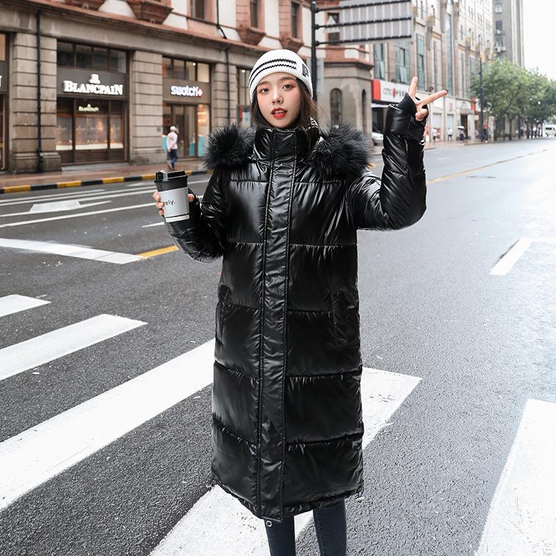Women Long Oversize Blue Down Jackets Warm Thick Casual Loose Winter Jacket Fur Collar Hooded Coats Female Down Coats Solid Glossy Outwear
