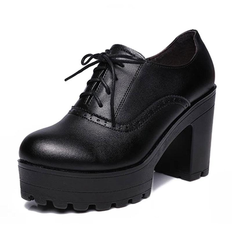 Women's 10cm High Heels Round Toe Thick-heeled Leather Shoes British Style Black Thick-soled Waterproof Platform Deep-mouth Shoes Model Shoes
