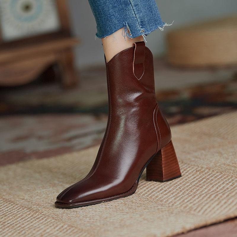 Soft Leather Boots Women Autumn  Winter Vintage Square Toe Short High-heeled Cowboy Boots Chunky Heel Ankle Boots