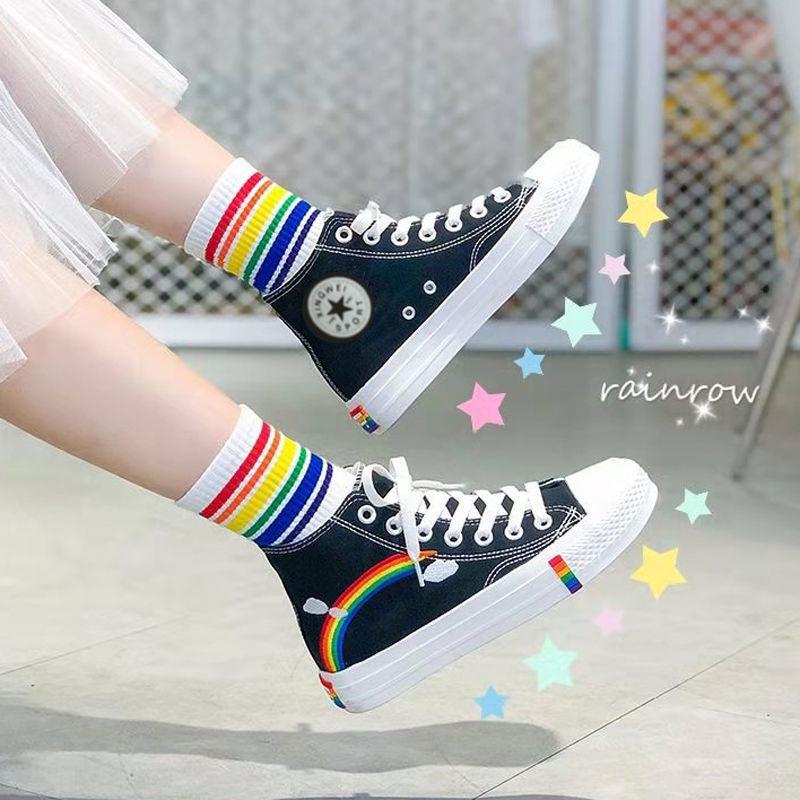 Rainbow high-top canvas shoes students breathable all-match college wind shoes ins casual shoes