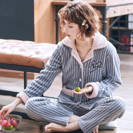 Autumn Winter Coral Fleece Pajamas Suits Women Flannel Thick Velvet Warm Sleepwear Long Sleeve Turn-down Collar Home Wear Striped Casual Nightwear
