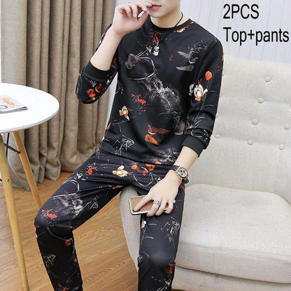 Trendy Men's Suit Casual Large Loose Sweater Fat Plus Two Piece Set
