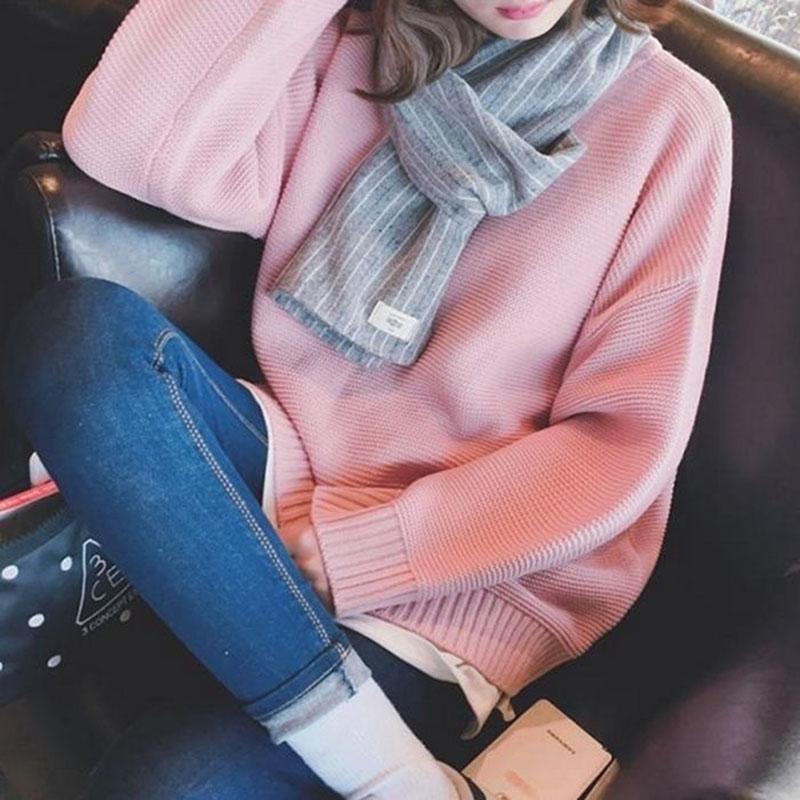 Autumn and Winter College Style Coat Solid Color Loose Top Knitted Long-sleeved Female Student Bottoming Shirt