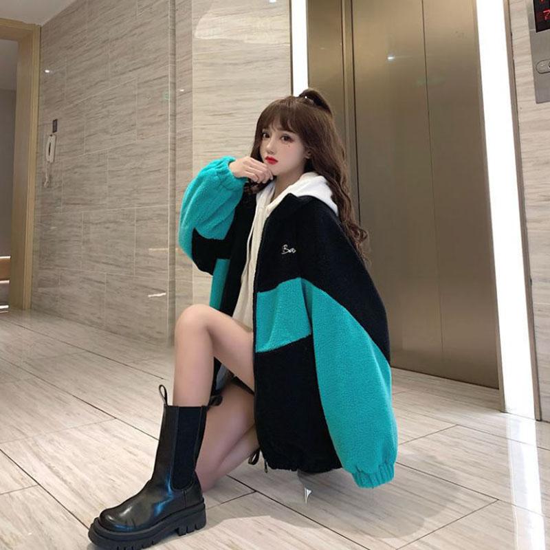 Autumn and Winter Stand-collar Lamb Velvet Jacket Winter Female Plus Velvet Thickening Student Campus Wind Casual Korean Jacket