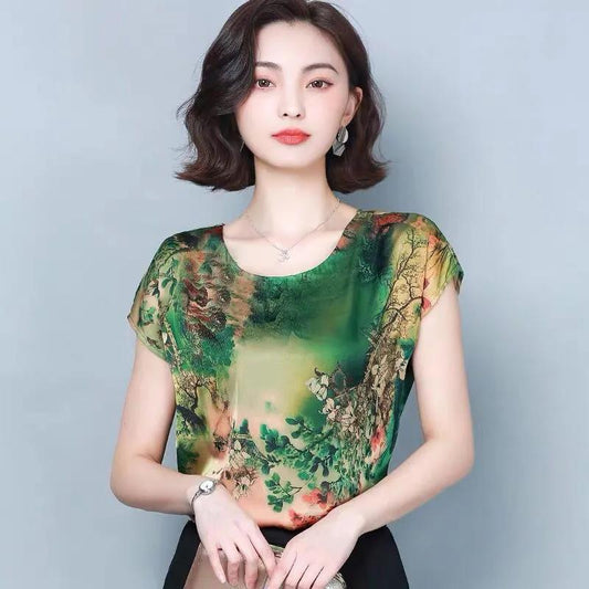 Women's Summer Slim Fit Short Sleeve Top Print Versatile Round Neck T-Shirt