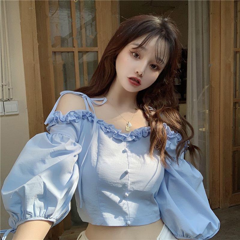 Women - on Shoulder Shoulders Short Solid Color Strap Waist Summer New Korean Design Sense