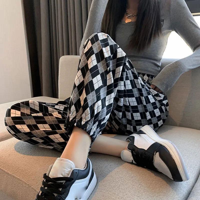 Women's Spring and Summer Diamond-shaped Plaid Pants Loose and Thin Straight Casual Harem Pants Ladies Drawstring Sports Pants