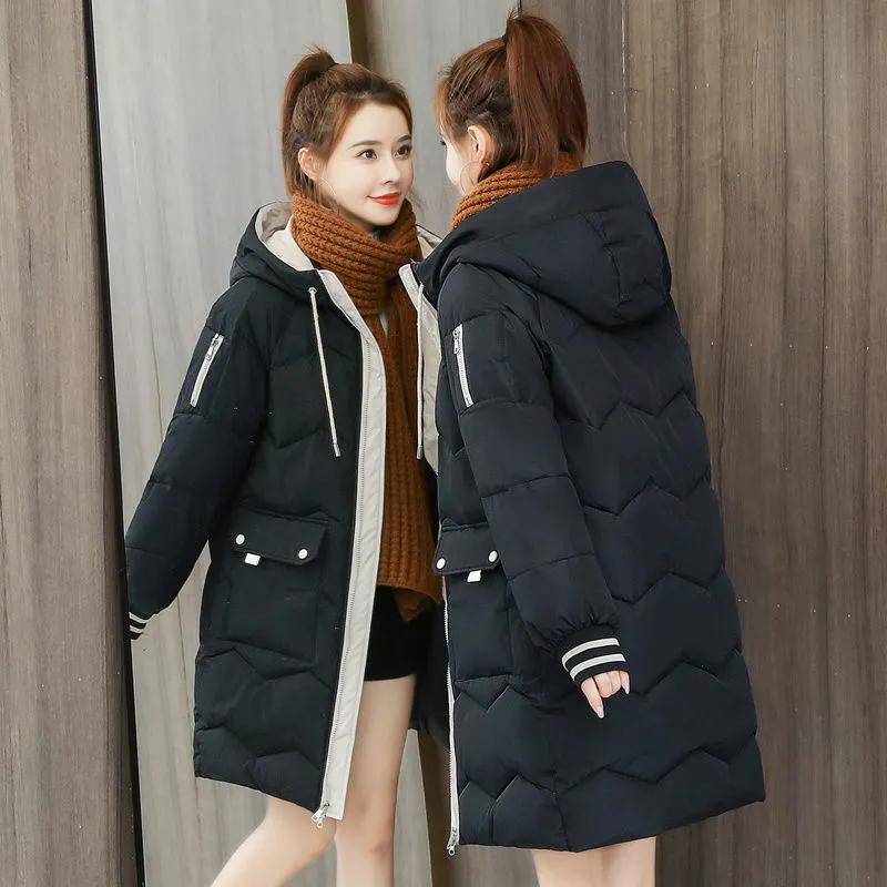 Women Winter Coat Long Down Jacket Hooded Slim Fashion Parkas Autumn Thicken Warm Outercoat Black Solid Harajuku Plus Size Female Clothes