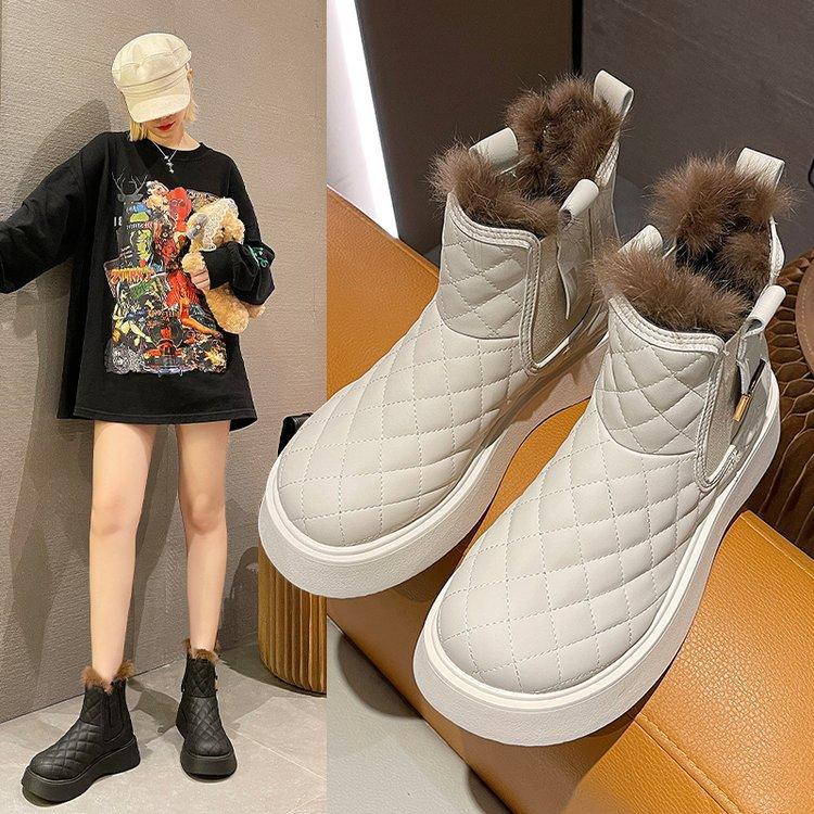 Winter Boots for Women Black White Snow Boots Leather Fur Boots Platform Chunky Shoes Plush Warm Ankle Booties