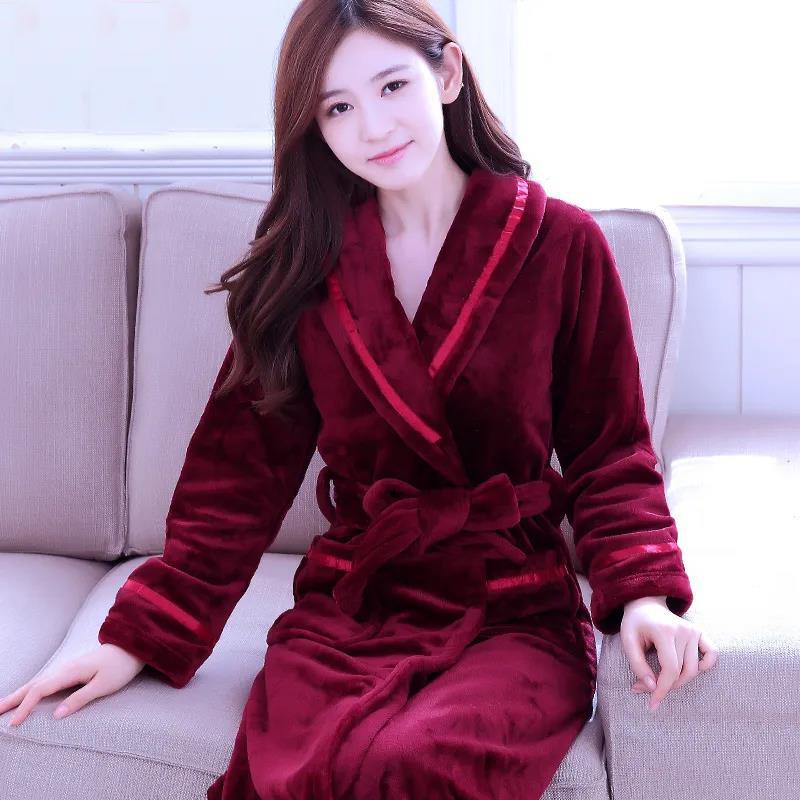 Noble Beige Ladies Pajamas Cashmere Warm Home Clothes Striped Homewear Quick-drying Bathrobe Robe Coat Long
