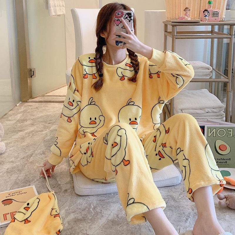 Women's Autumn and Winter Coral Velvet Thick Pajamas Flannel Plus Velvet Outer Wear Home Service Suit