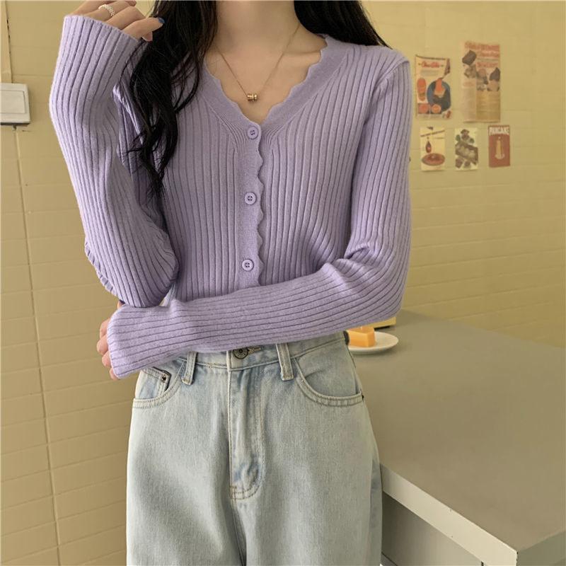 Early Autumn V-neck Sweater Long-sleeved Cardigan Sweater Small Coat All-match Female Gentle Wind Ladies Slim Pure Color Simple Top