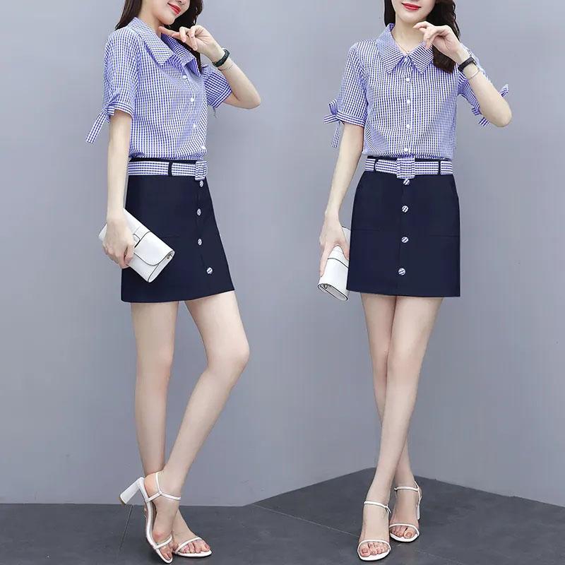 Large Size Skirt Set Women's Plaid Short-sleeved Shirt High-waisted Skirt Two-piece Bow Knot Sleeve Plaid Belt A-line Skirt Slim Summer Dress Suit