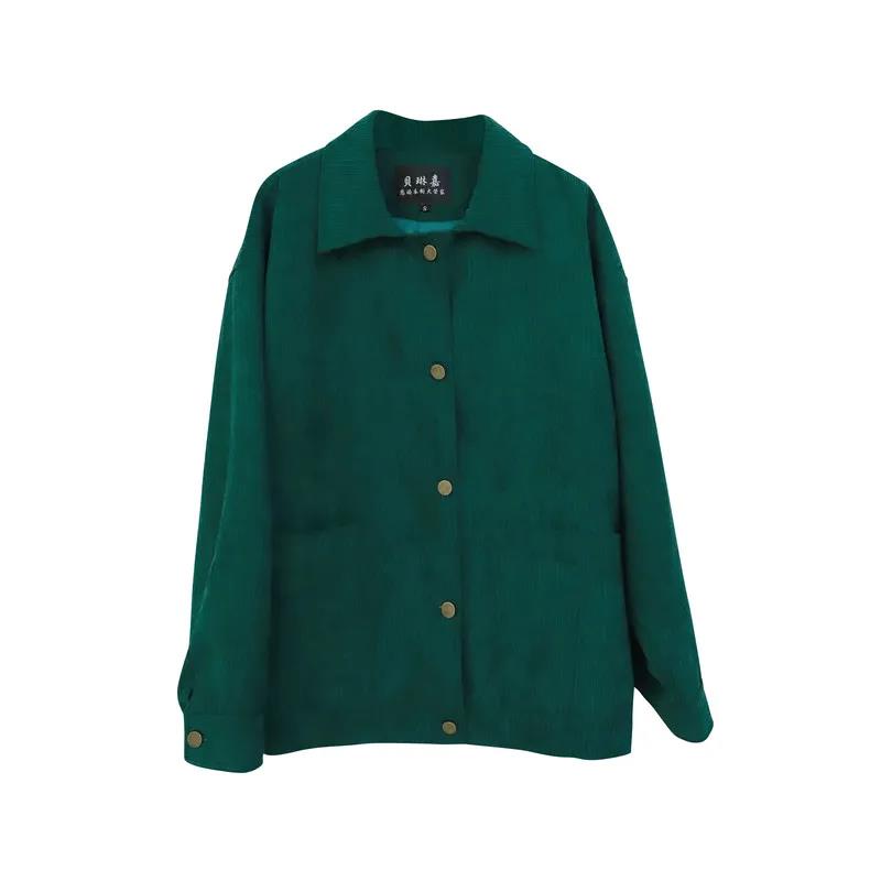 Stitching Long-sleeved Jacket Women's 2022 Spring and Autumn Korean Version Retro Loose All-match Thin Green Corduroy Short Jacket