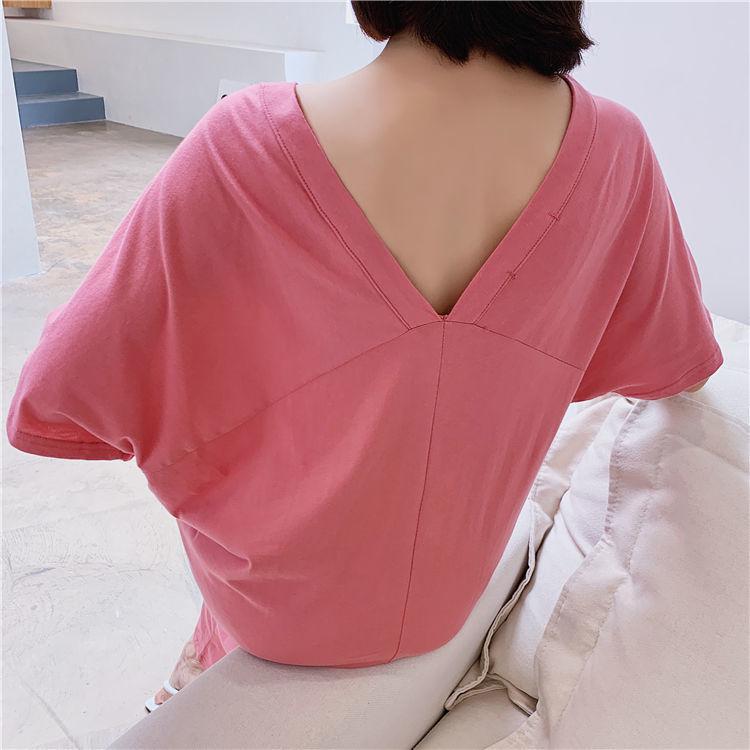 Large Size Slit T-shirt Dress Female Summer V-neck Loose Long Over-the-knee Open Back Long Dress