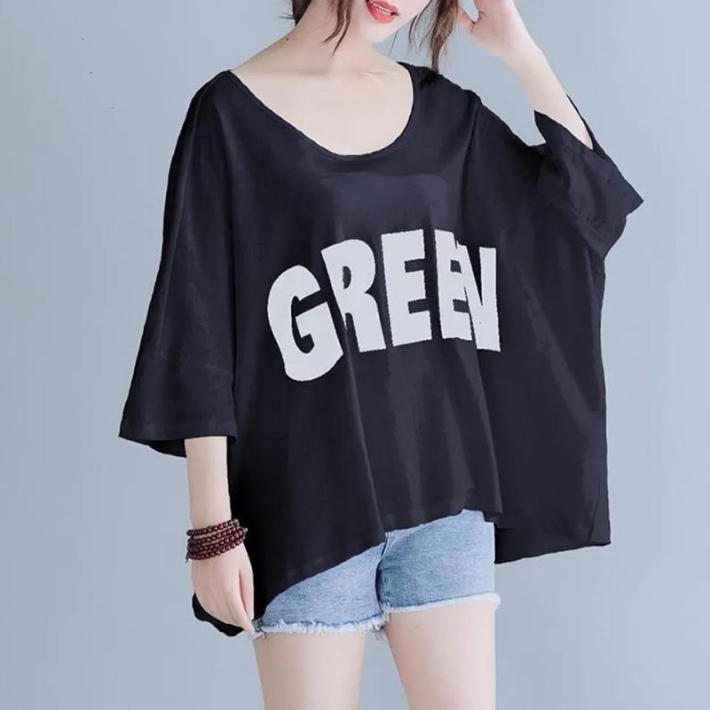 Large Size Women's Loose Letter Printing Short-sleeved T-shirt Tops Women's Casual Loose Large Size Round Neck Mid-sleeve T-shirts