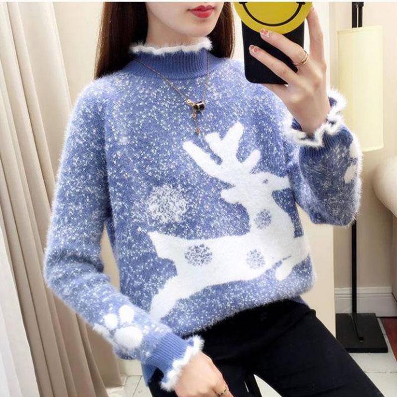 Pofulove Women's Fluted Collar Turtleneck Snowflake Fawn Jacquard Sweater Long Sleeve Knit Pullover