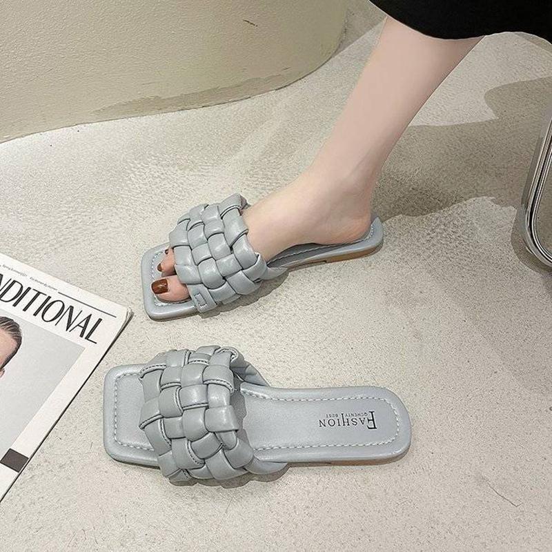 Slippers Women's Woven Square Toe Sandals Women's Summer Korean Version of All-match Flat-bottom Breathable Sandals Women's Outer Wear